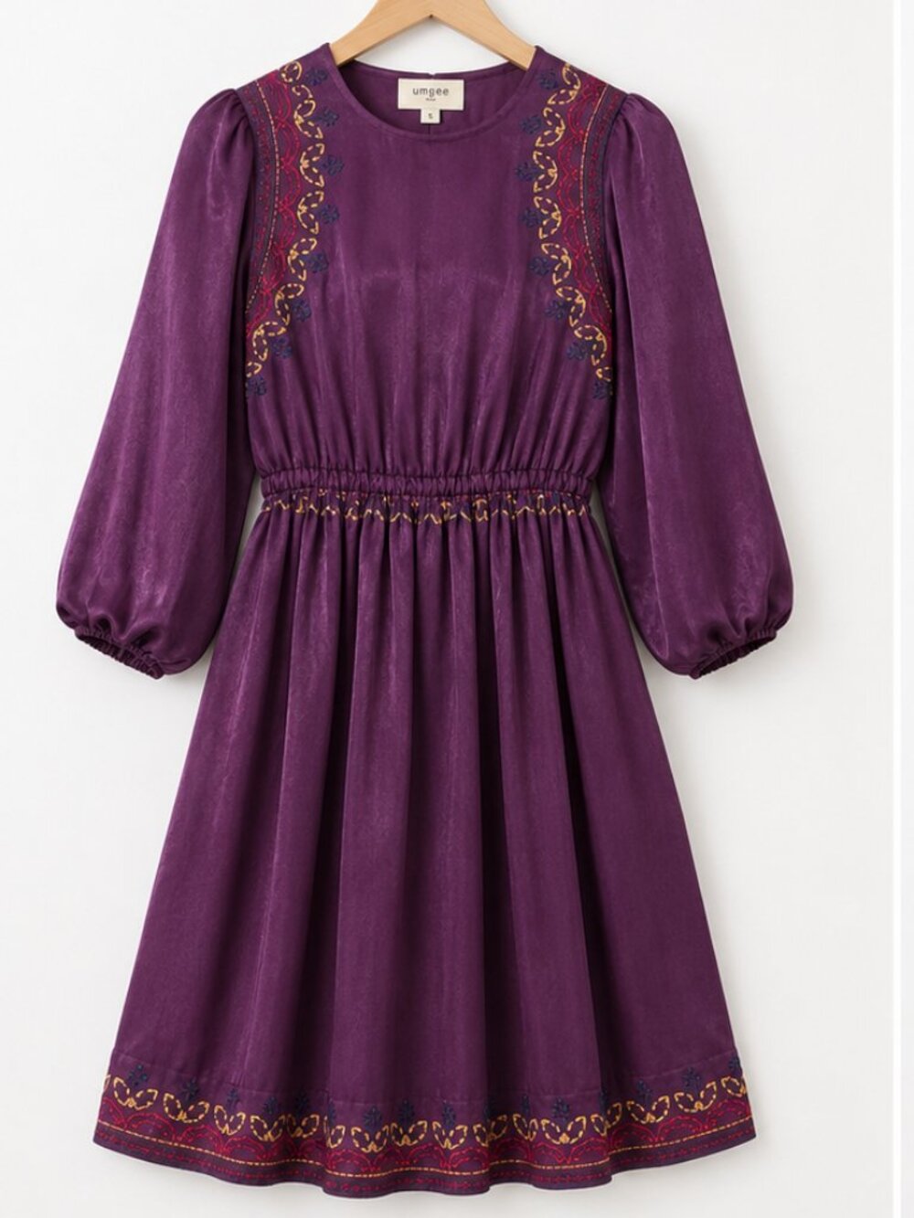 Umgee Satin Round Neck Embroidery Midi Dress